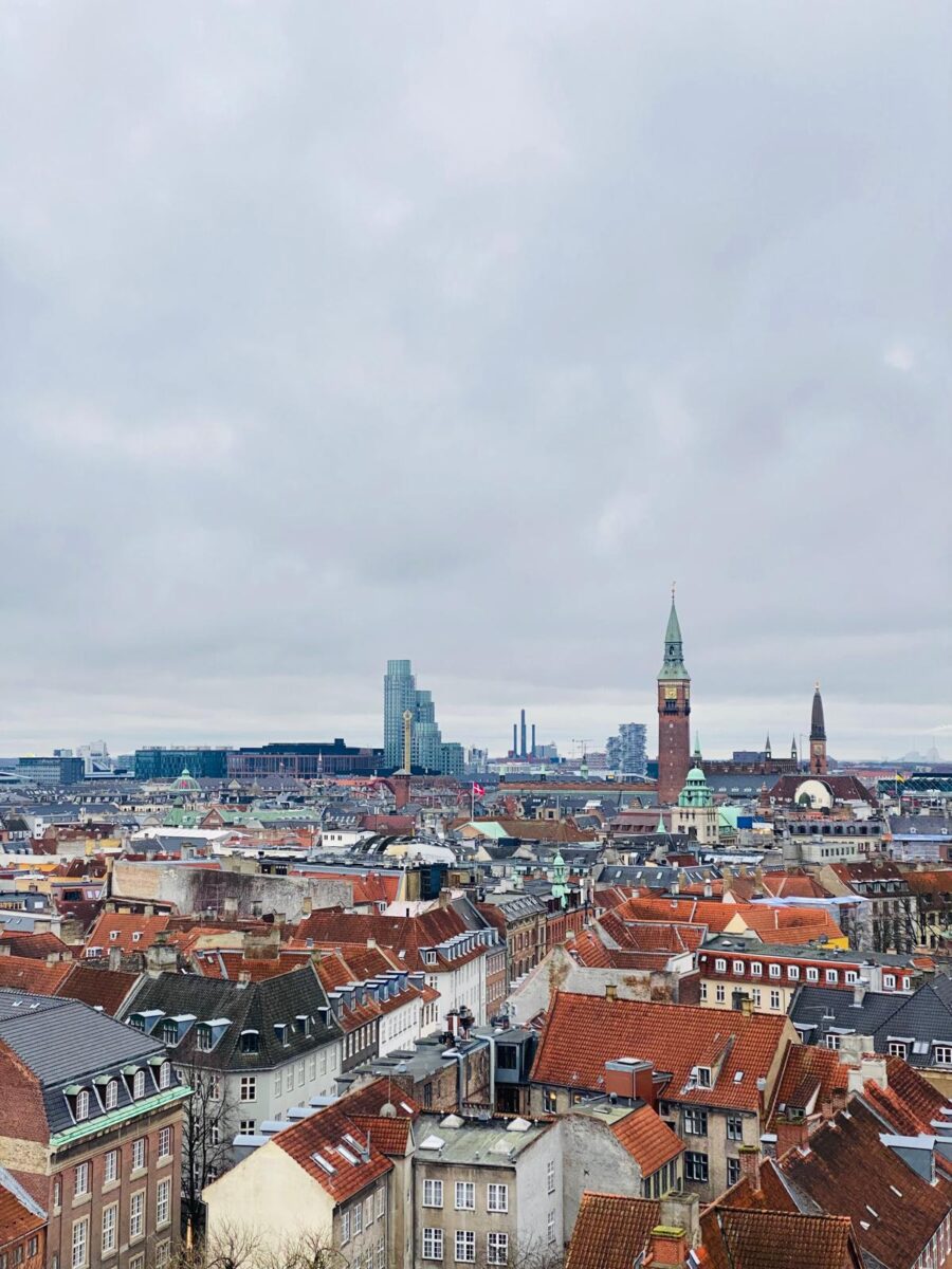 Panorama miasta: gęsta zabudowa z czerwonymi dachami, wieża zegarowa, nowoczesny wieżowiec. Pochmurny dzień.